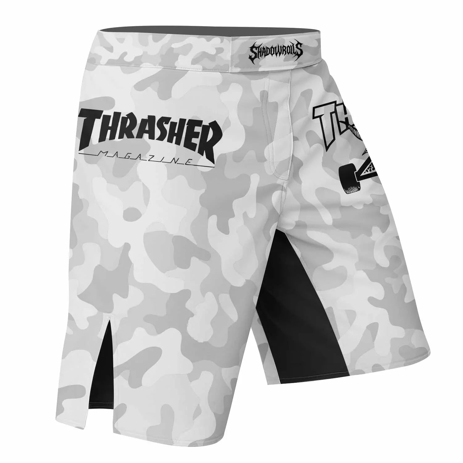 Thrasher Gray Camo Fight Shorts - right side mockup