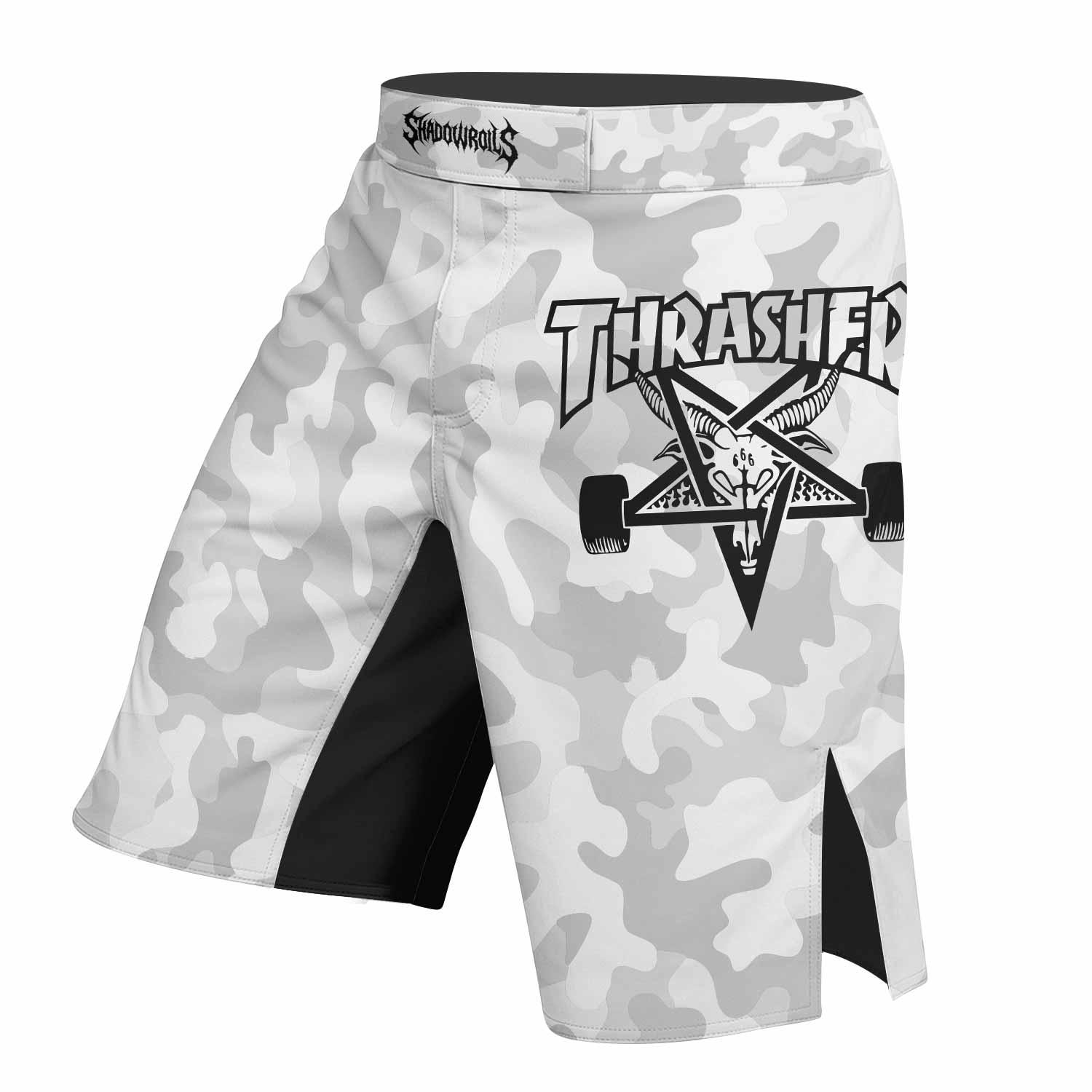 Thrasher Gray Camo Fight Shorts - left side mockup