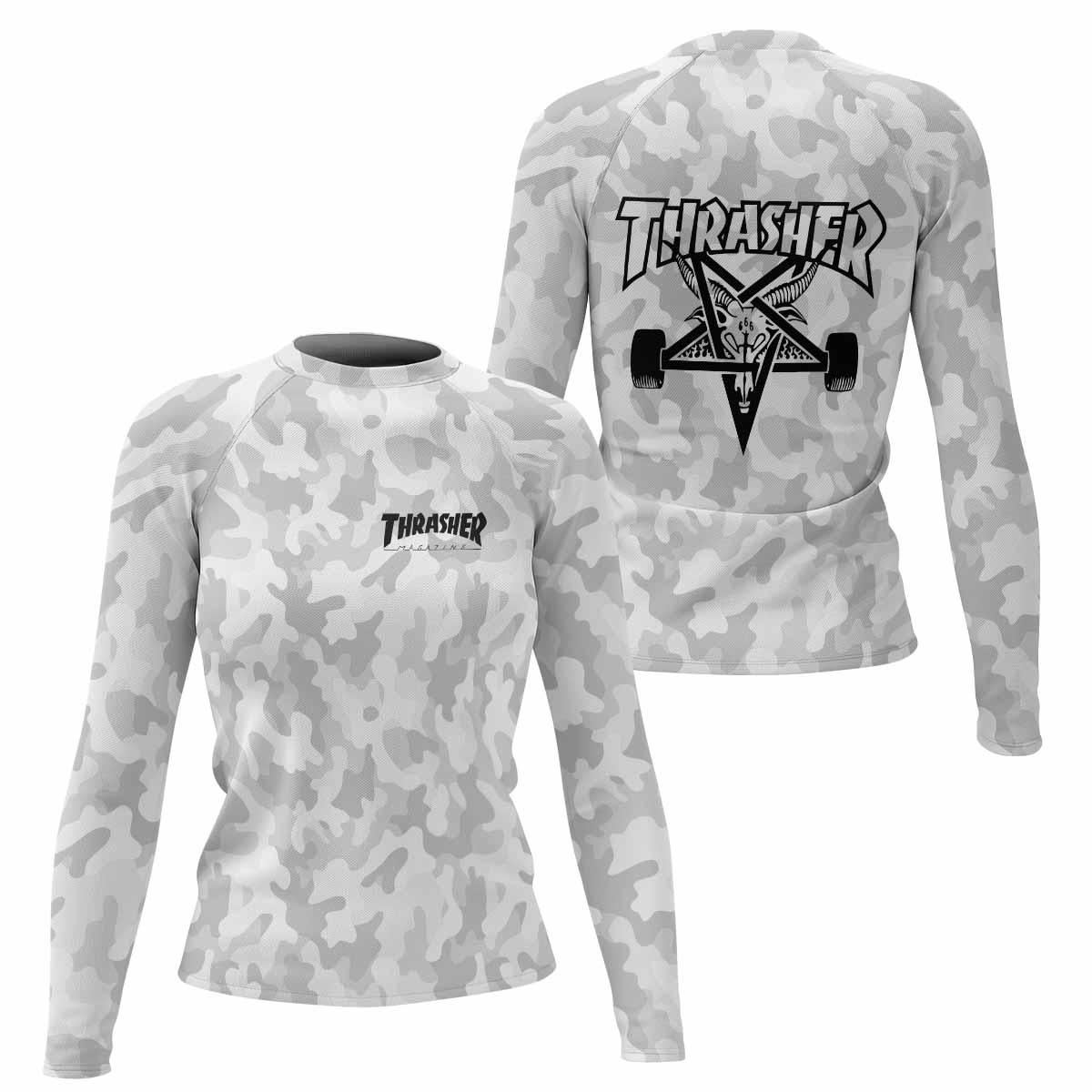Thrasher Gray Camo Women's Rash Guard Long Sleeve - front and back view