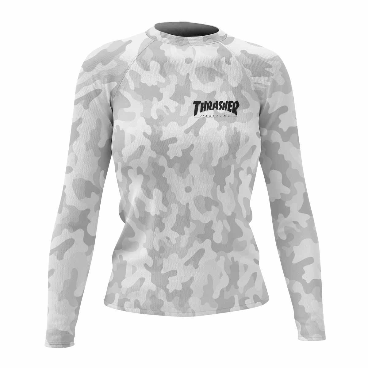 Thrasher Gray Camo Women's Rash Guard Long Sleeve - front view mockup