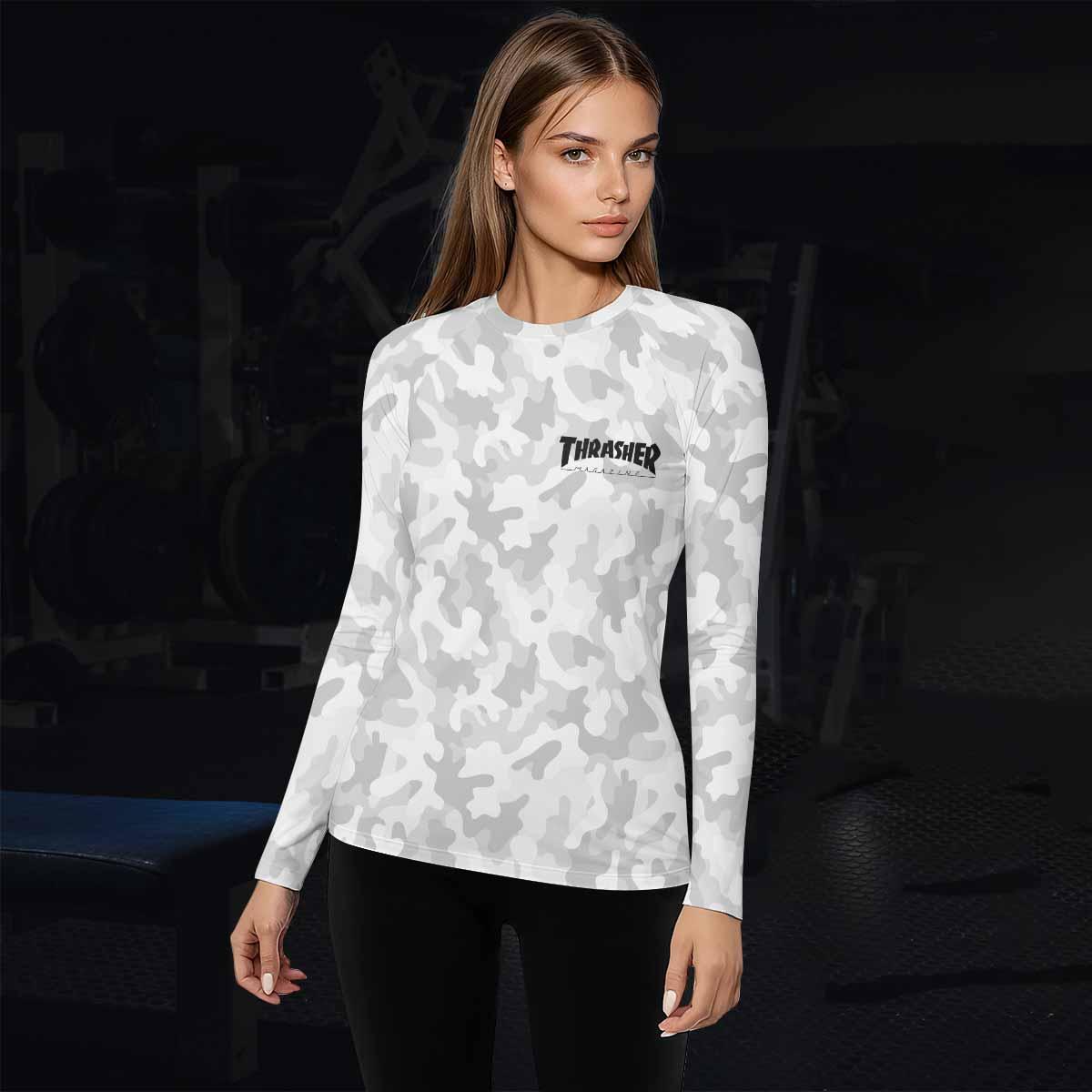 Thrasher Gray Camo Women's Rash Guard Long Sleeve - lifestyle view