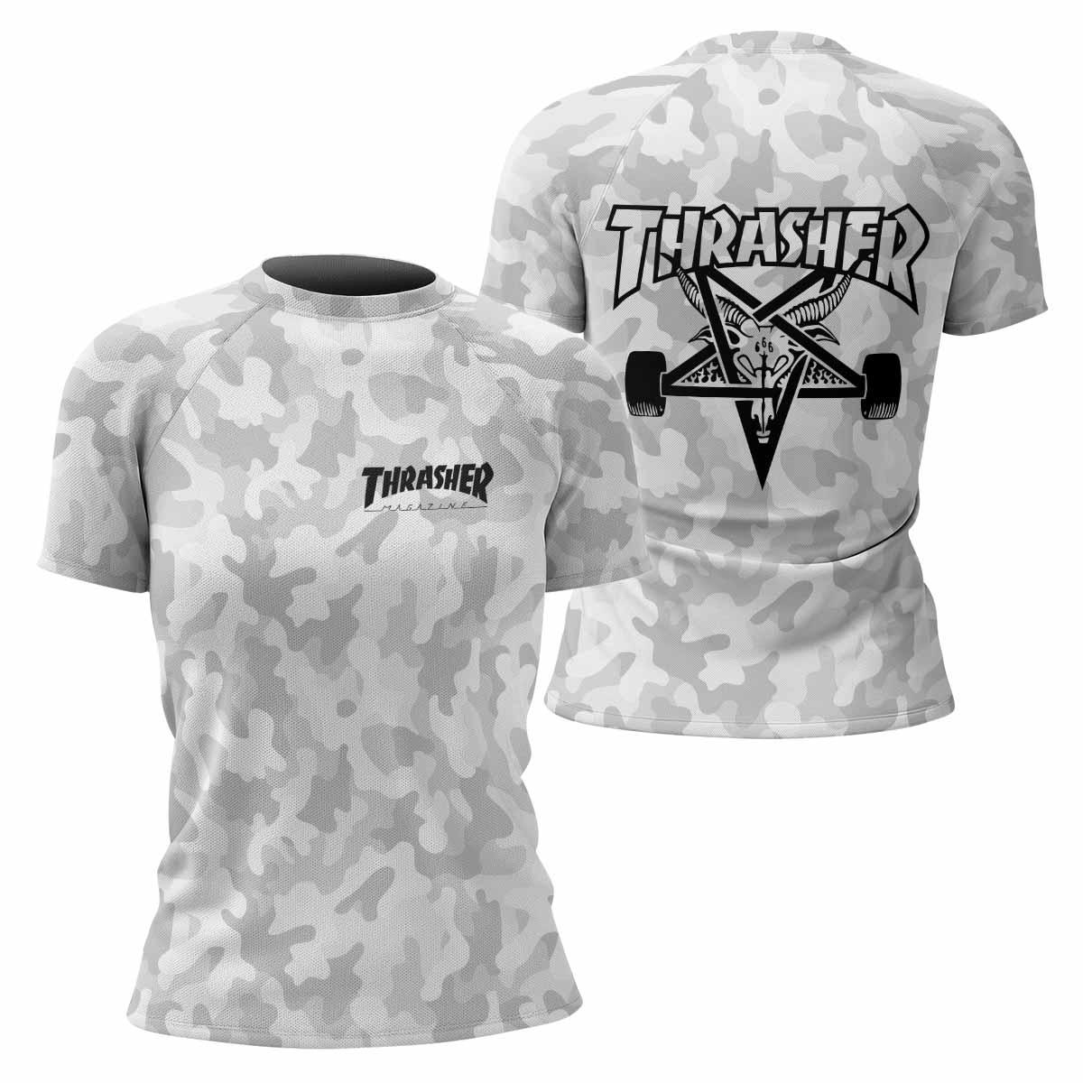 Thrasher Gray Camo Women's Rash Guard Short Sleeve - front and back view