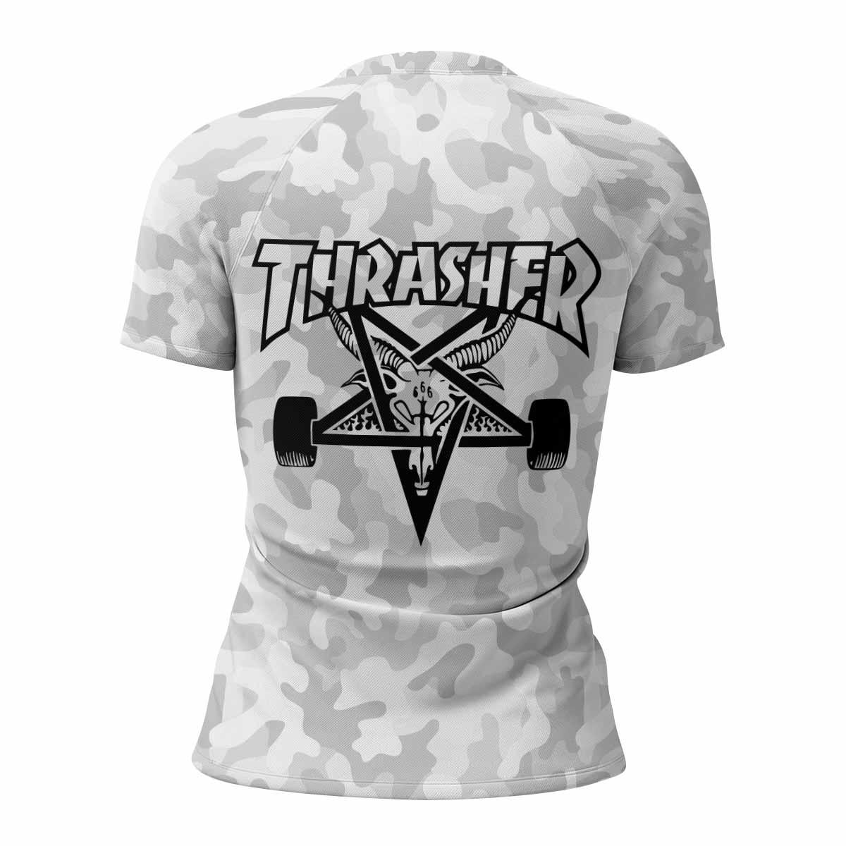 Thrasher Gray Camo Women's Rash Guard Short Sleeve - back view mockup