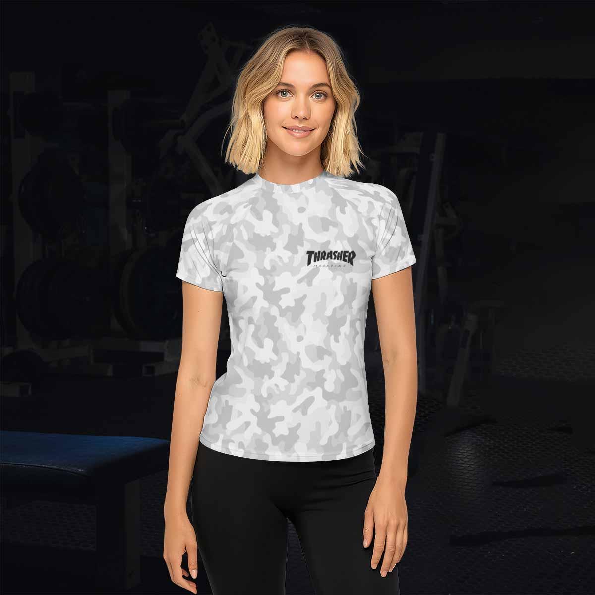 Thrasher Gray Camo Women's Rash Guard Short Sleeve - lifestyle view