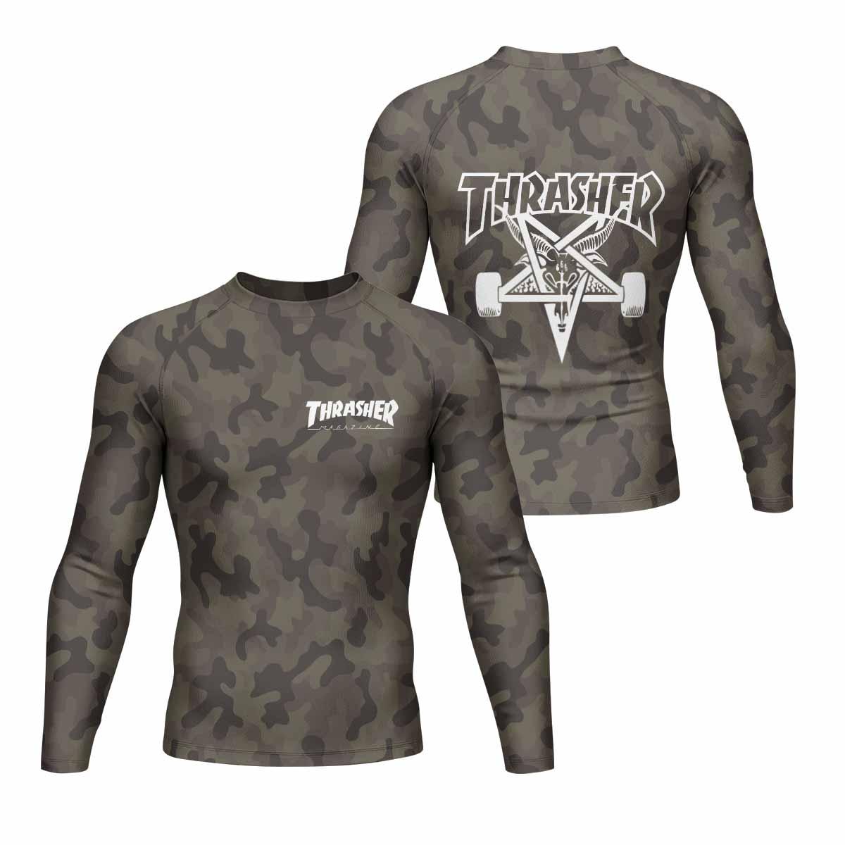 Thrasher Olive Camo Men's Rash Guard Long Sleeve - front and back view