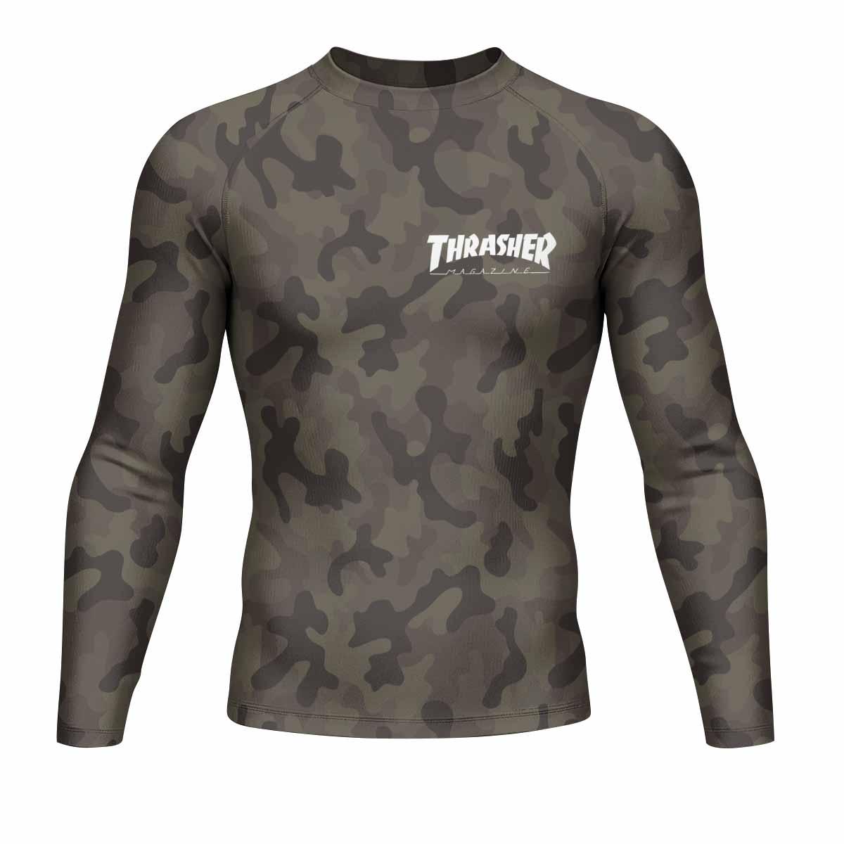 Thrasher Olive Camo Men's Rash Guard Long Sleeve - front view mockup