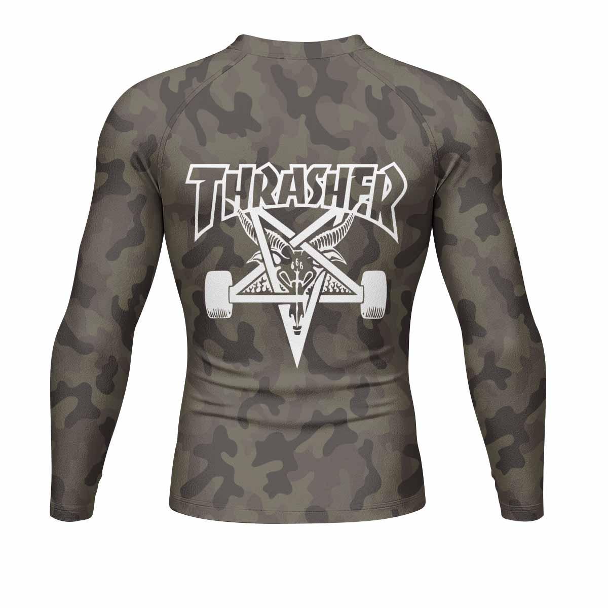 Thrasher Olive Camo Men's Rash Guard Long Sleeve - back view mockup