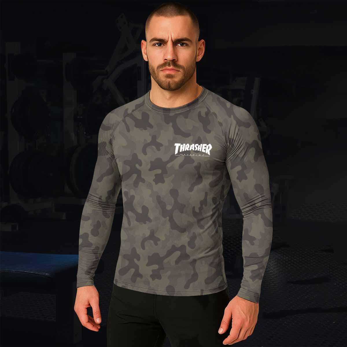 Thrasher Olive Camo Men's Rash Guard Long Sleeve - lifestyle view