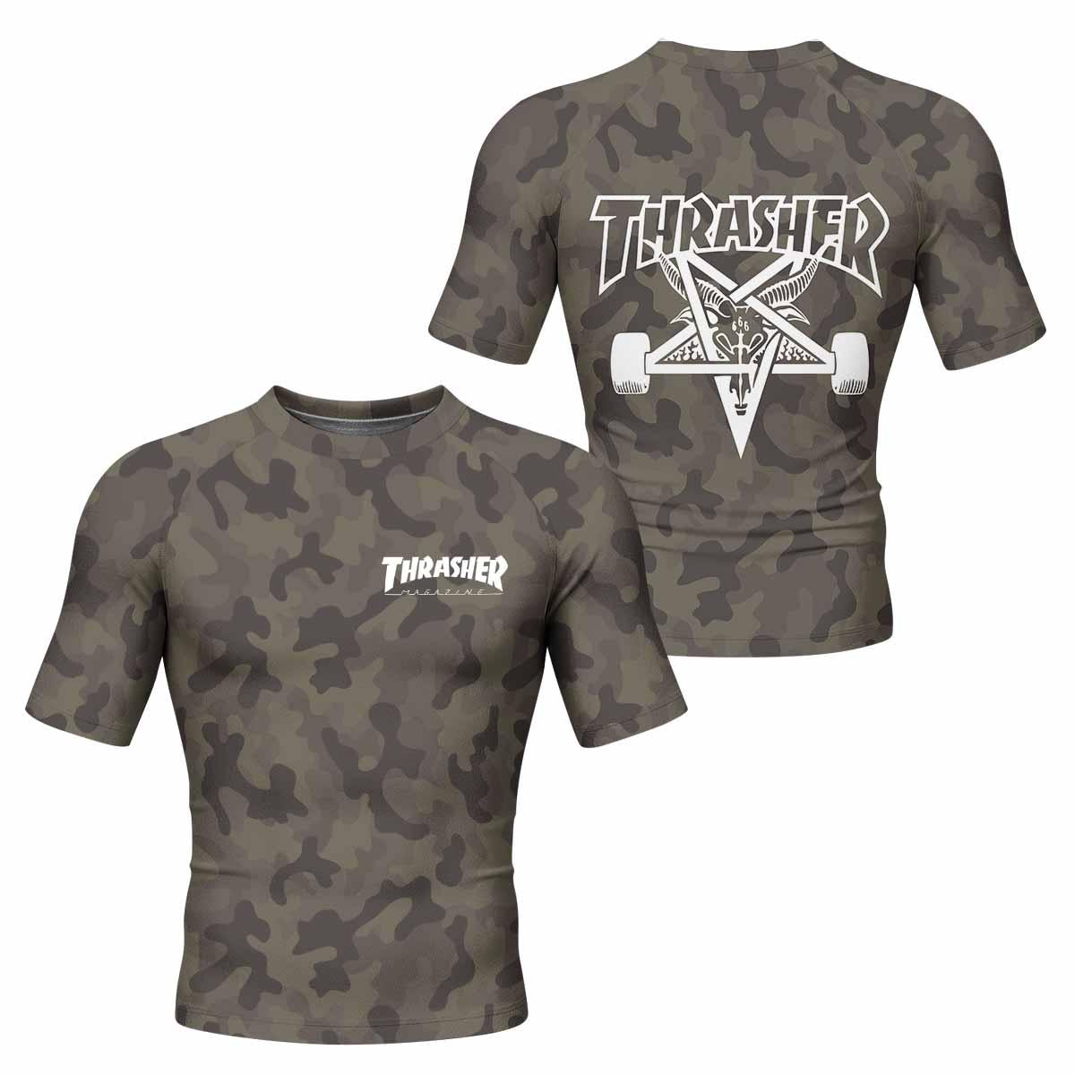 Thrasher Olive Camo Men's Rash Guard Short Sleeve - front and back view