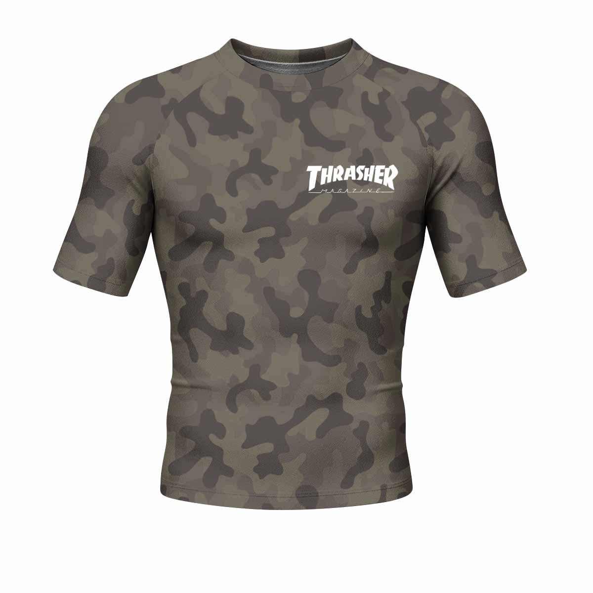 Thrasher Olive Camo Men's Rash Guard Short Sleeve - front view mockup