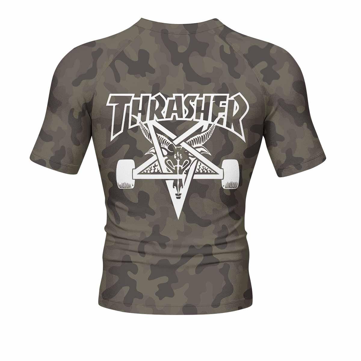 Thrasher Olive Camo Men's Rash Guard Short Sleeve - back view mockup