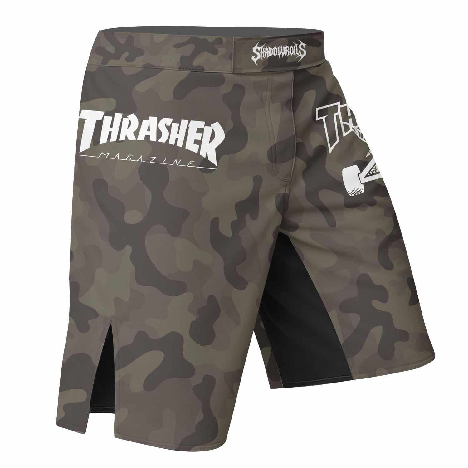 Thrasher Olive Camo Fight Shorts - right side mockup