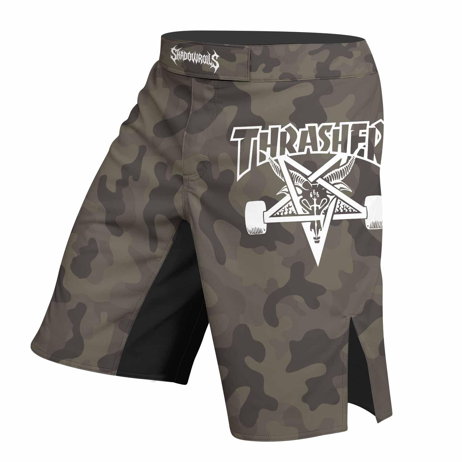 Thrasher Olive Camo Fight Shorts - left side mockup