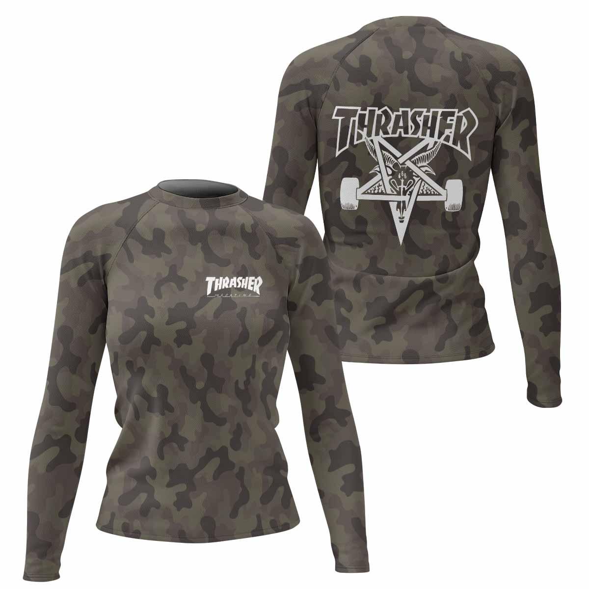 Thrasher Olive Camo Women's Rash Guard Long Sleeve - front and back view
