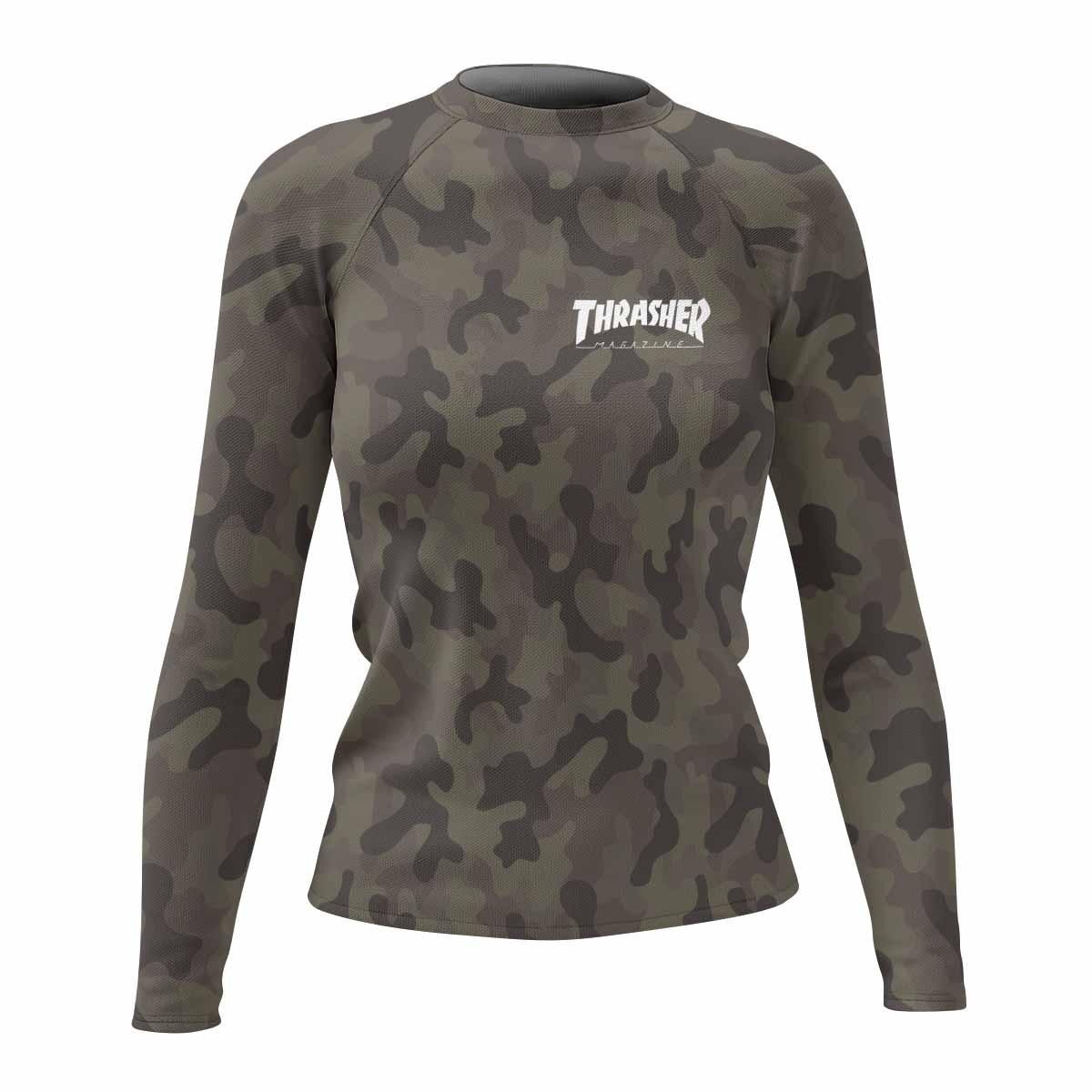 Thrasher Olive Camo Women's Rash Guard Long Sleeve - front view mockup