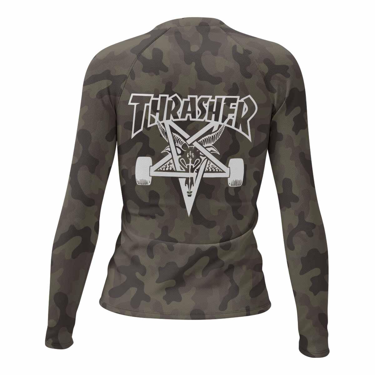 Thrasher Olive Camo Women's Rash Guard Long Sleeve - back view mockup