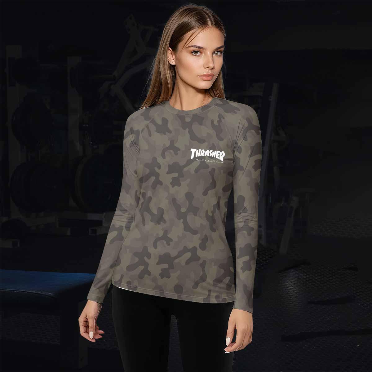 Thrasher Olive Camo Women's Rash Guard Long Sleeve - lifestyle view