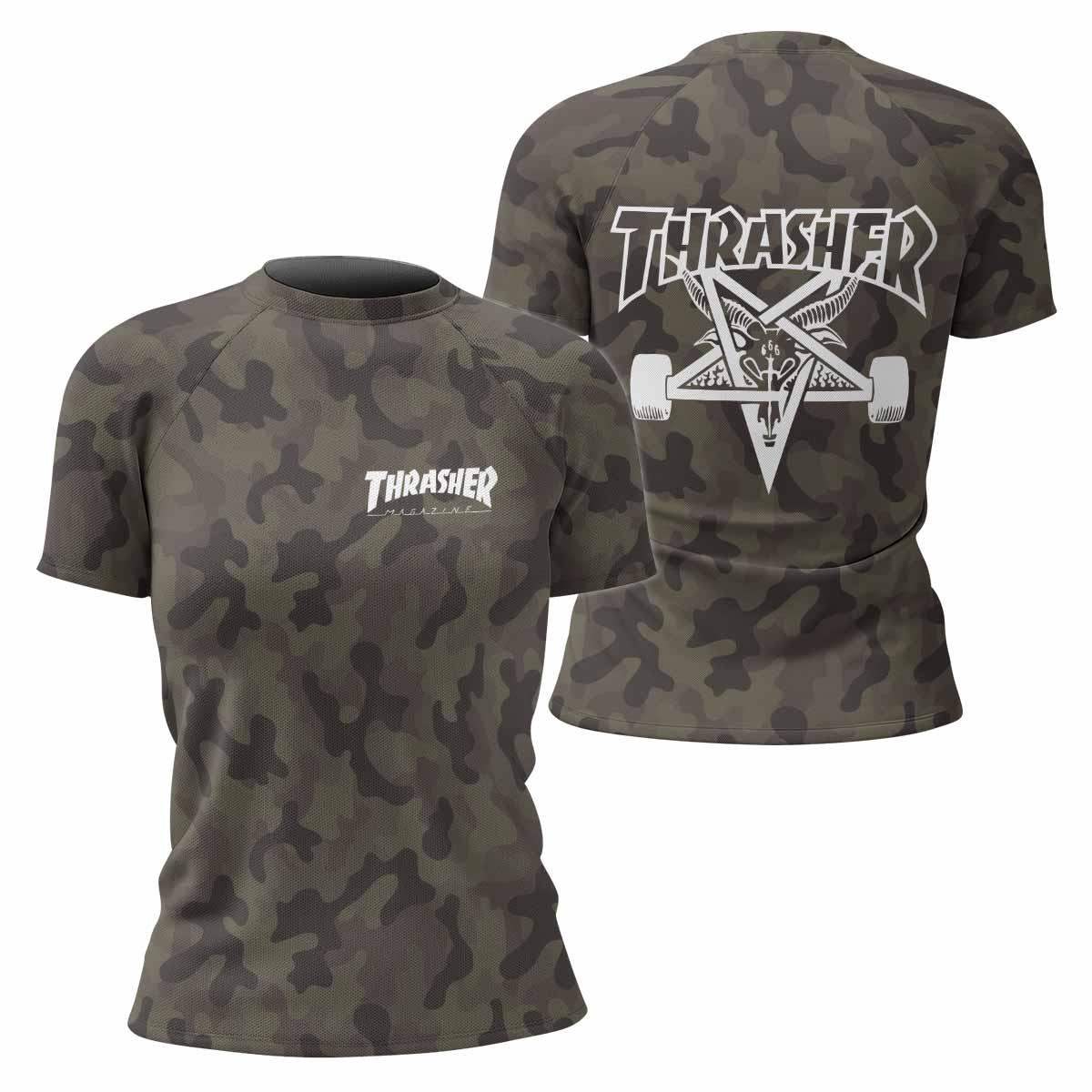 Thrasher Olive Camo Women's Rash Guard Short Sleeve - front and back view