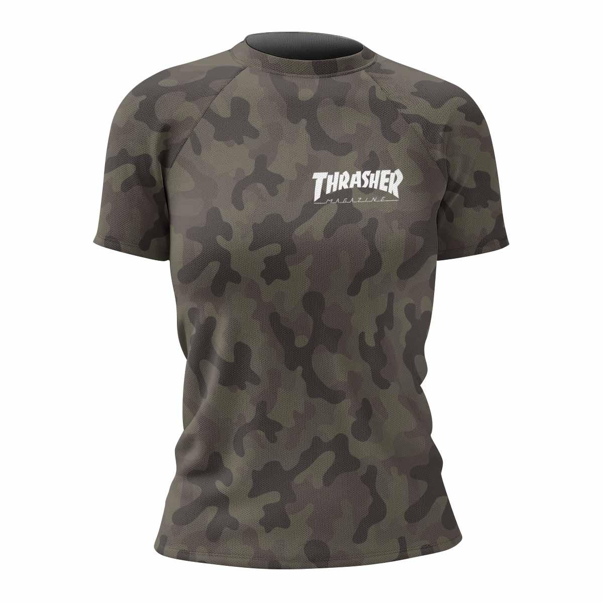 Thrasher Olive Camo Women's Rash Guard Short Sleeve - front view mockup