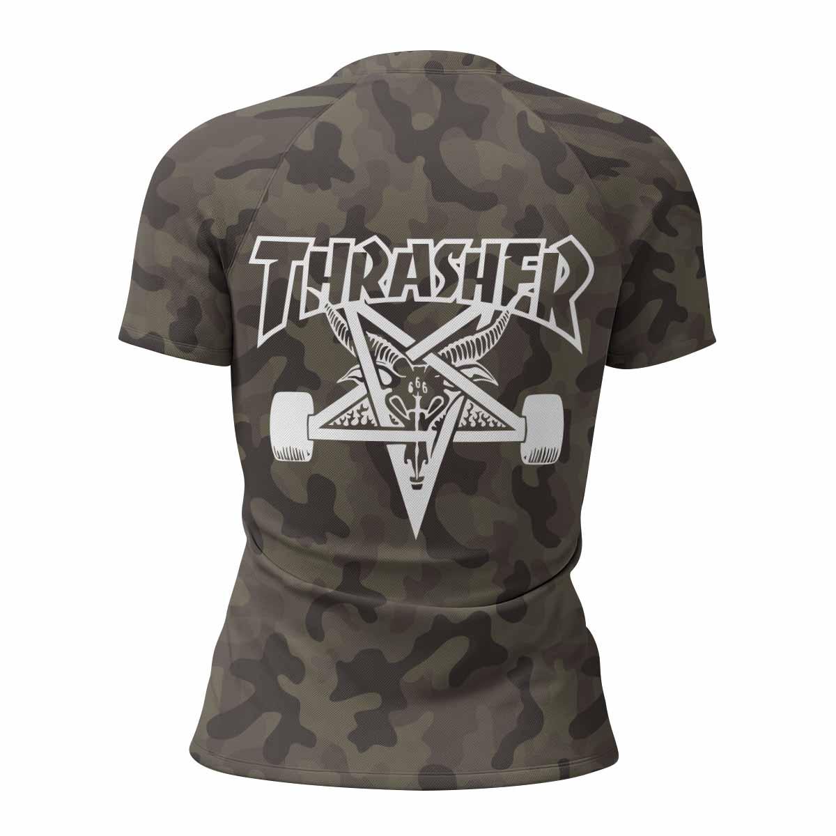 Thrasher Olive Camo Women's Rash Guard Short Sleeve - back view mockup