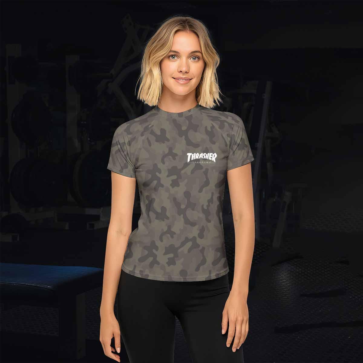 Thrasher Olive Camo Women's Rash Guard Short Sleeve - lifestyle view