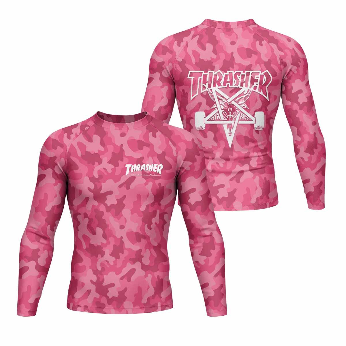 Thrasher Pink Camo Men's Rash Guard Long Sleeve - front and back view