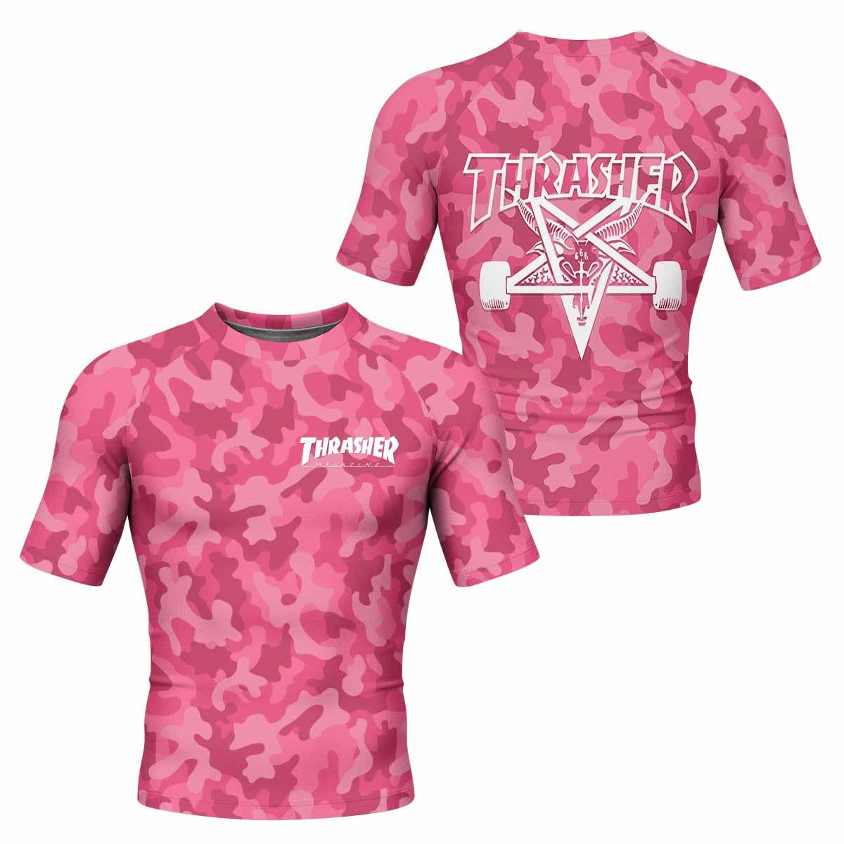 Thrasher Pink Camo Men's Rash Guard Short Sleeve - front and back view