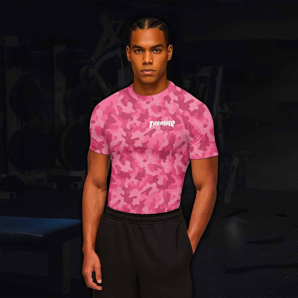 Thrasher Pink Camo Men's Rash Guard Short Sleeve - lifestyle view