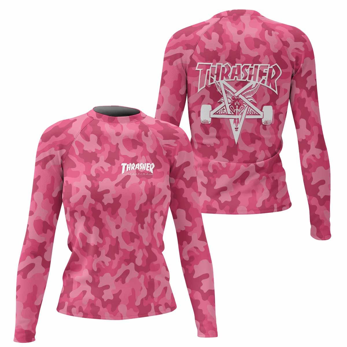 Thrasher Pink Camo Women's Rash Guard Long Sleeve - front and back view