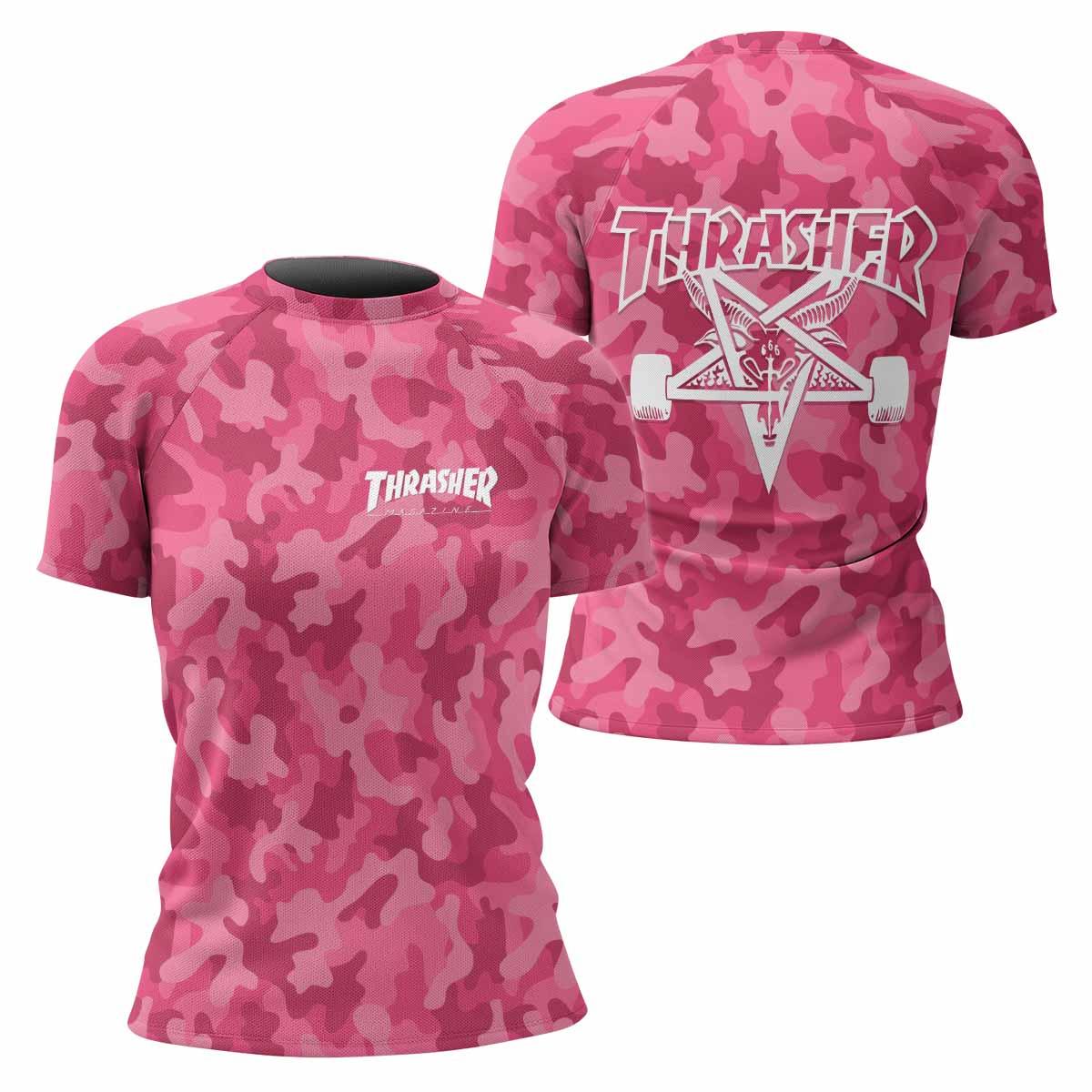 Thrasher Pink Camo Women's Rash Guard Short Sleeve - front and back view