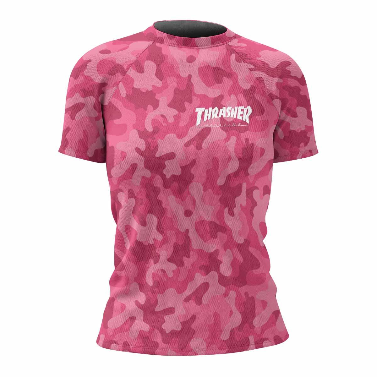 Thrasher Pink Camo Women's Rash Guard Short Sleeve - front view mockup