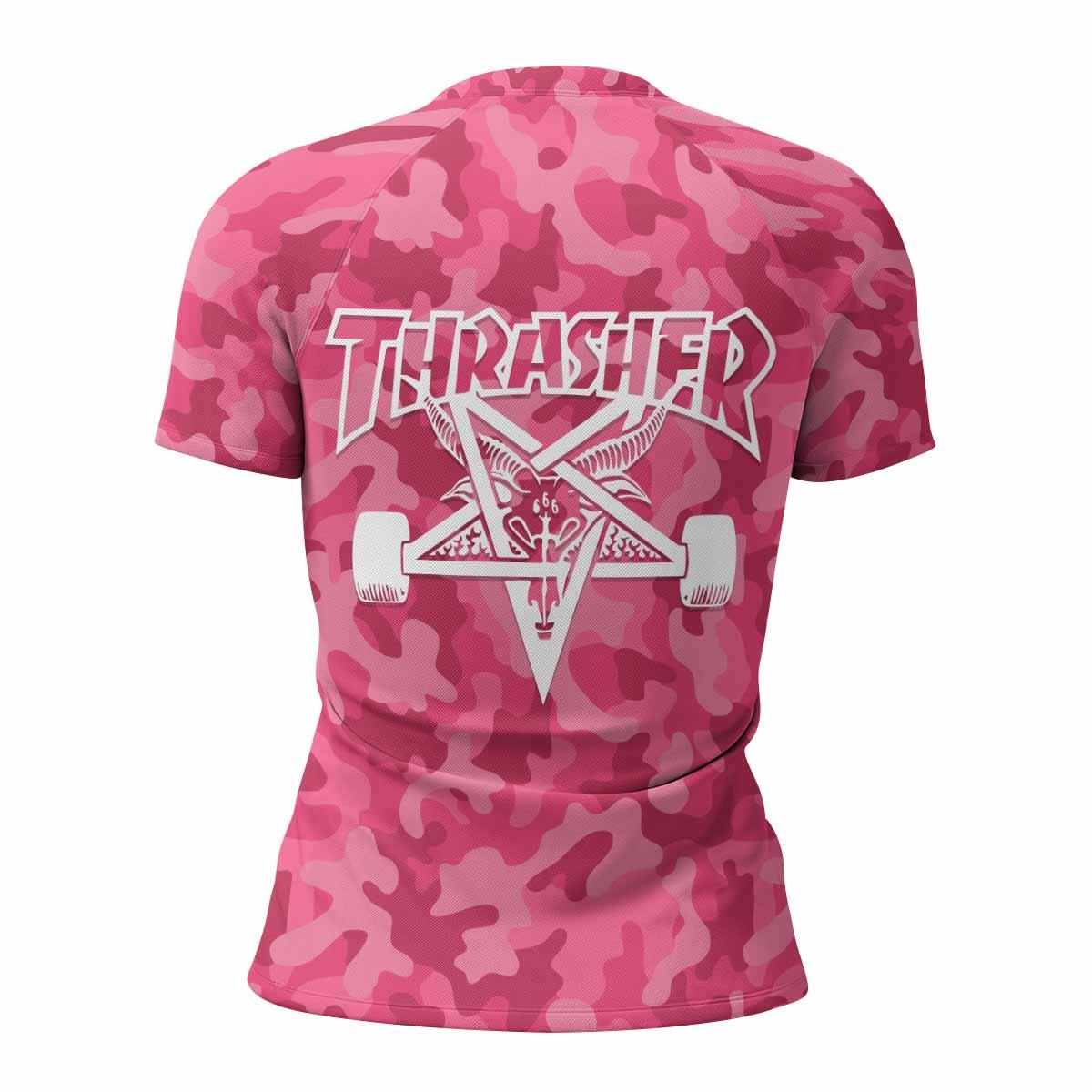 Thrasher Pink Camo Women's Rash Guard Short Sleeve - back view mockup