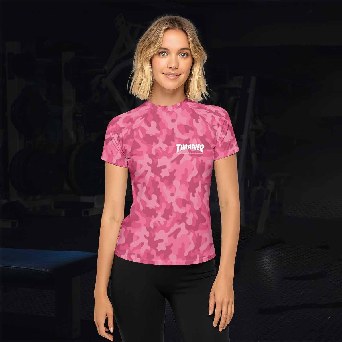 Thrasher Pink Camo Women's Rash Guard Short Sleeve - lifestyle view