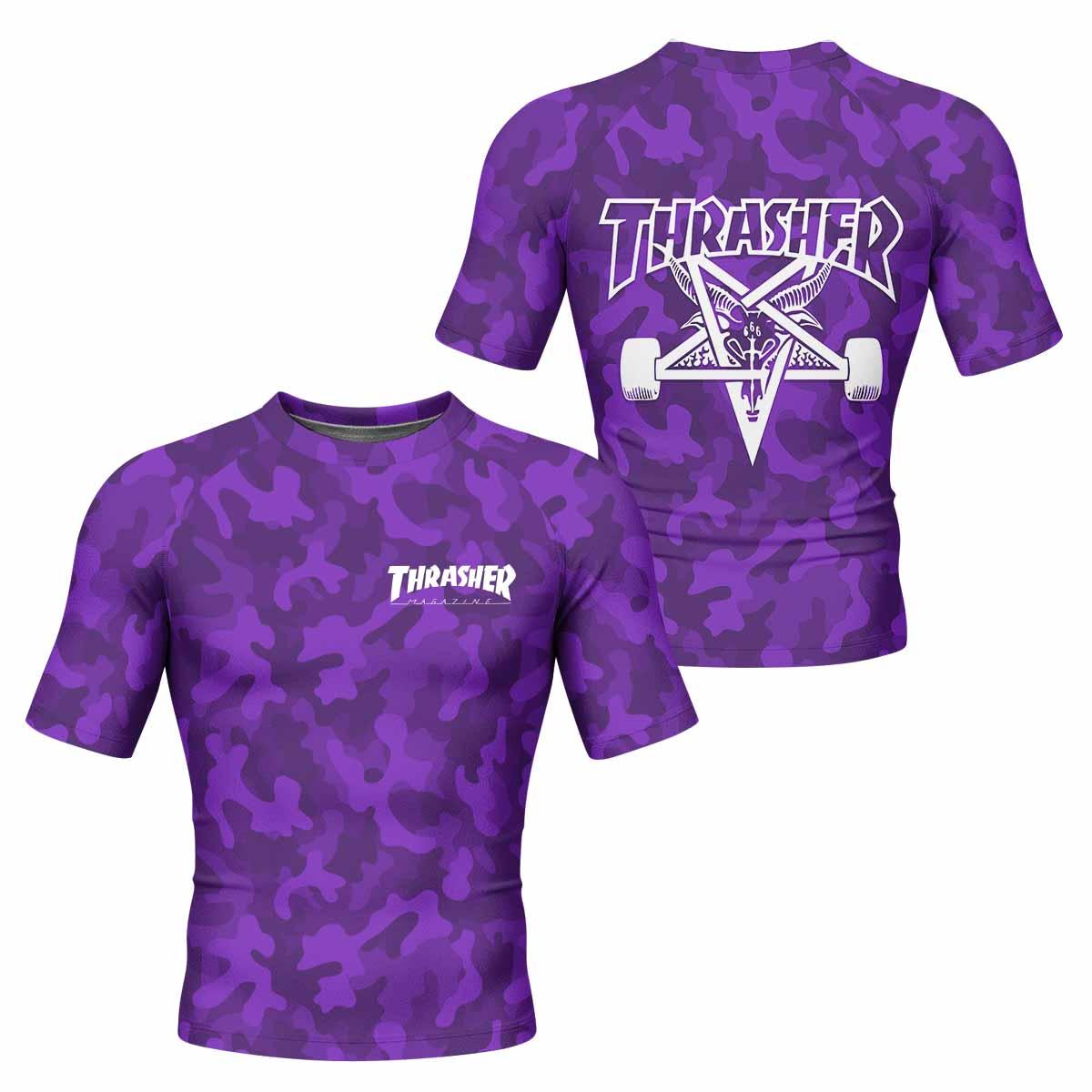 Thrasher Purple Camo Men's Rash Guard Short Sleeve - front and back view