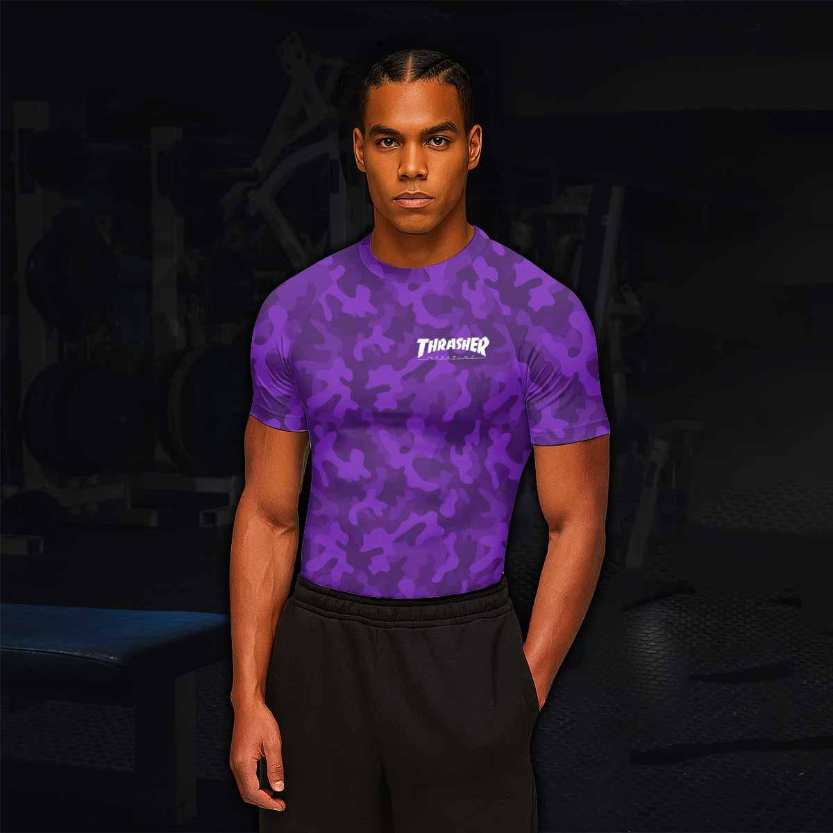 Thrasher Purple Camo Men's Rash Guard Short Sleeve - lifestyle view