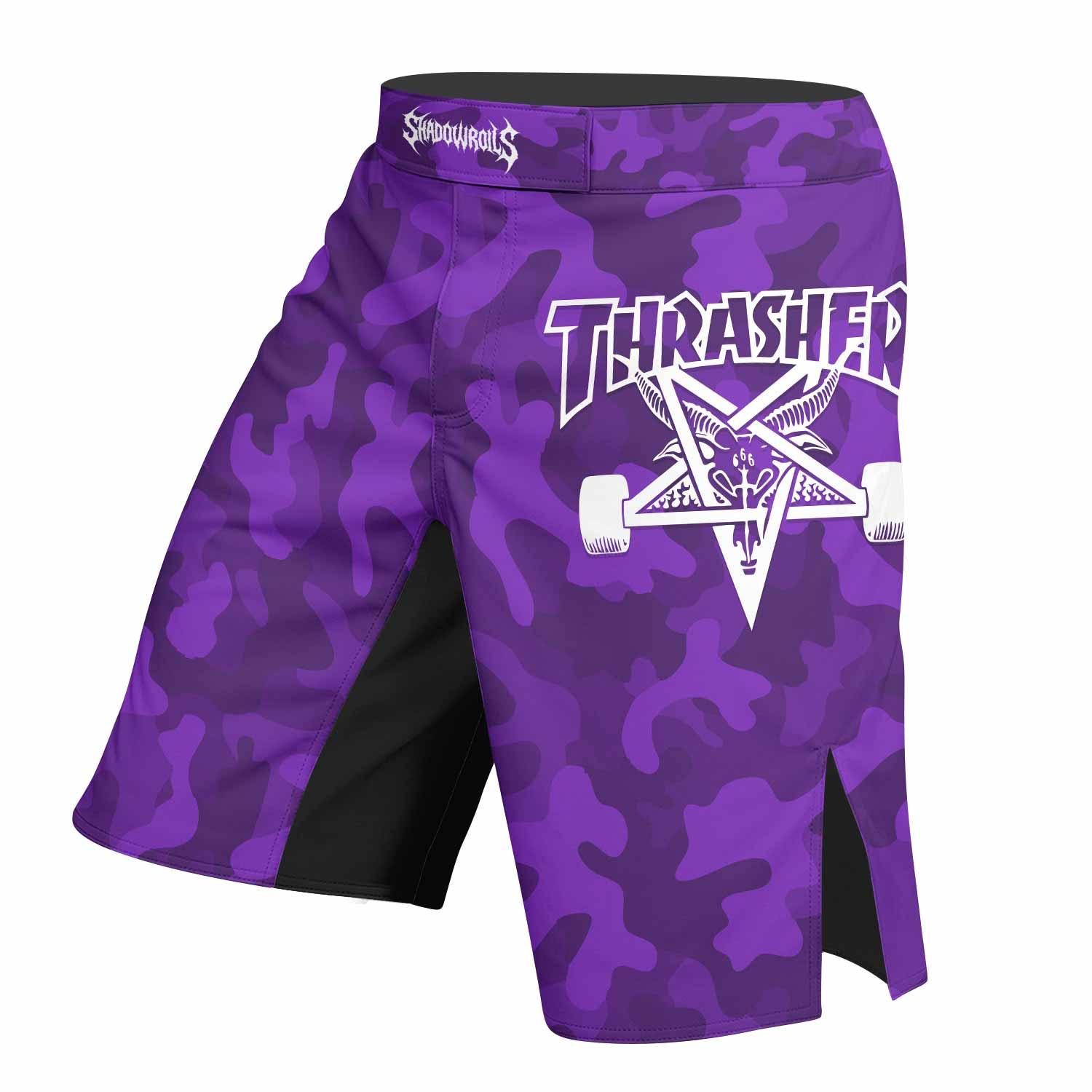 Thrasher Purple Camo Fight Shorts - left side mockup