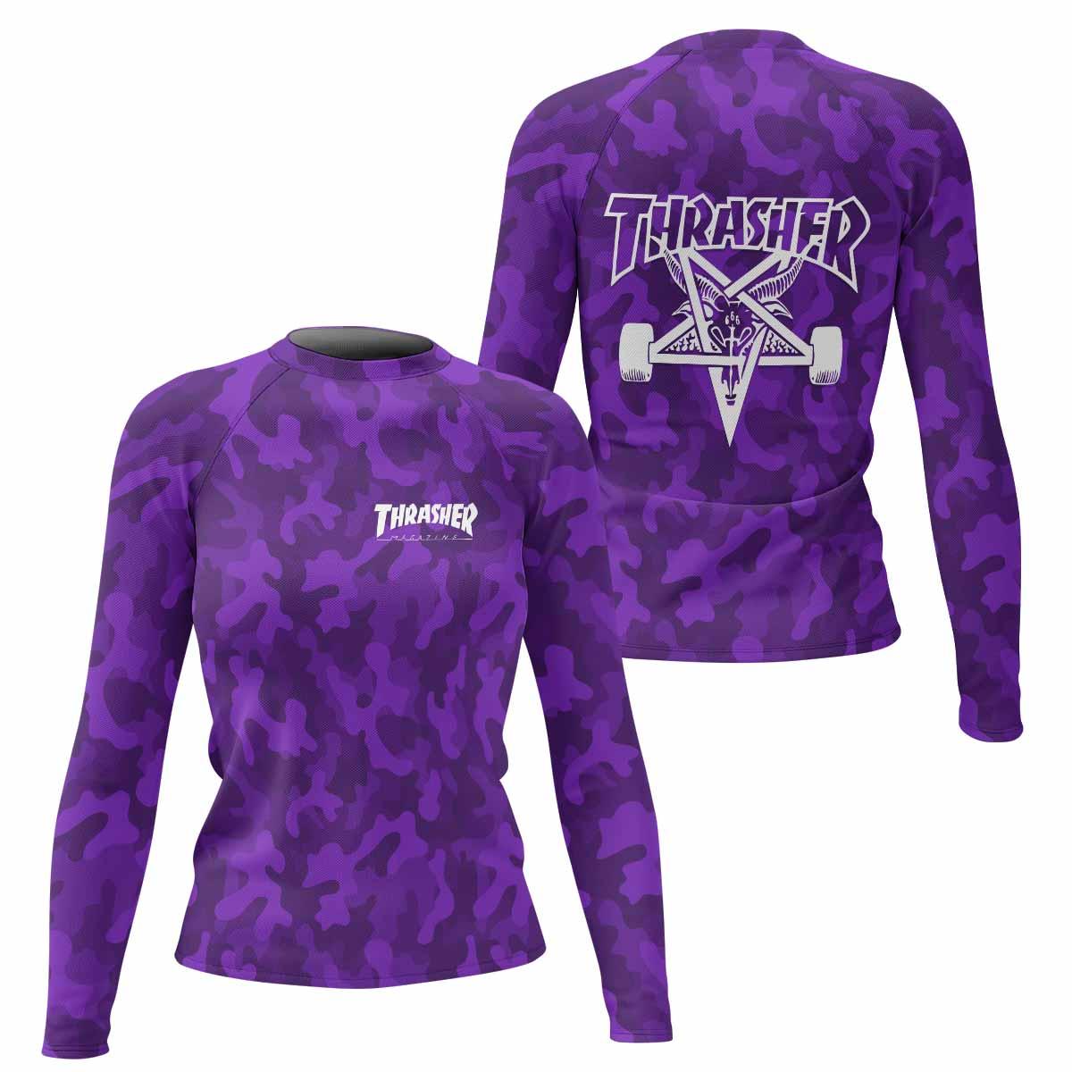Thrasher Purple Camo Women's Rash Guard Long Sleeve - front and back view