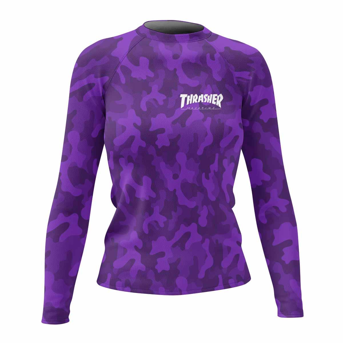 Thrasher Purple Camo Women's Rash Guard Long Sleeve - front view mockup