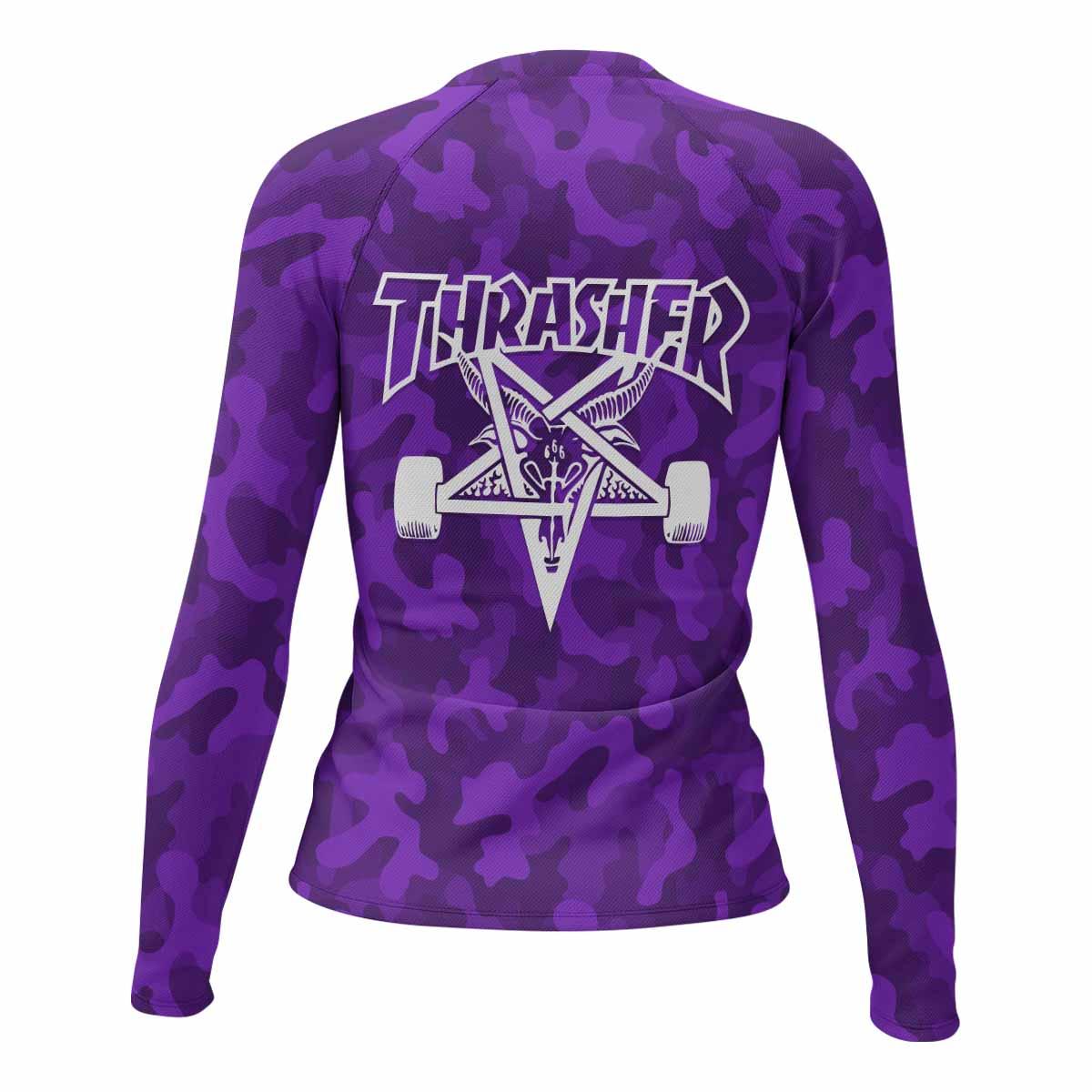 Thrasher Purple Camo Women's Rash Guard Long Sleeve - back view mockup