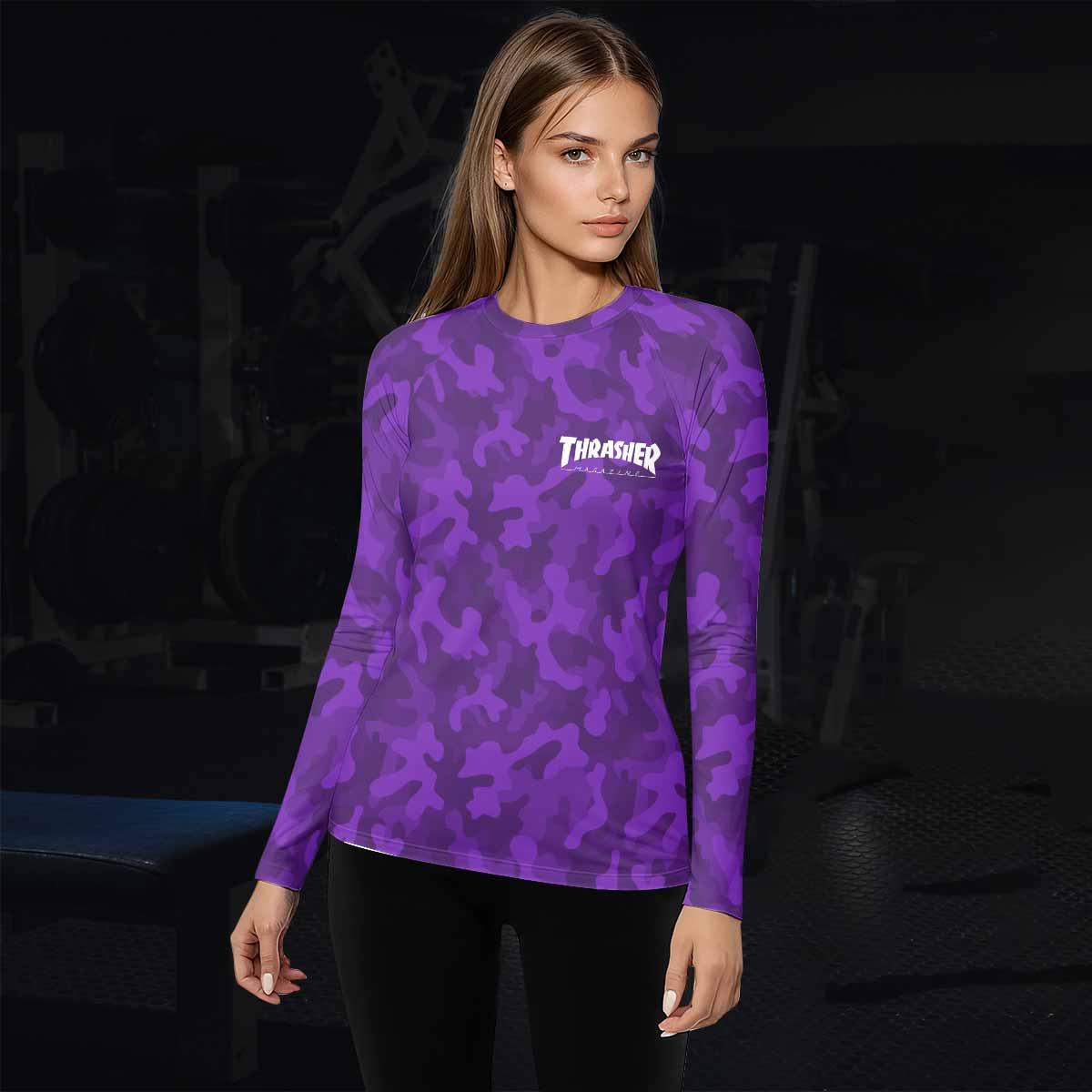Thrasher Purple Camo Women's Rash Guard Long Sleeve - lifestyle view