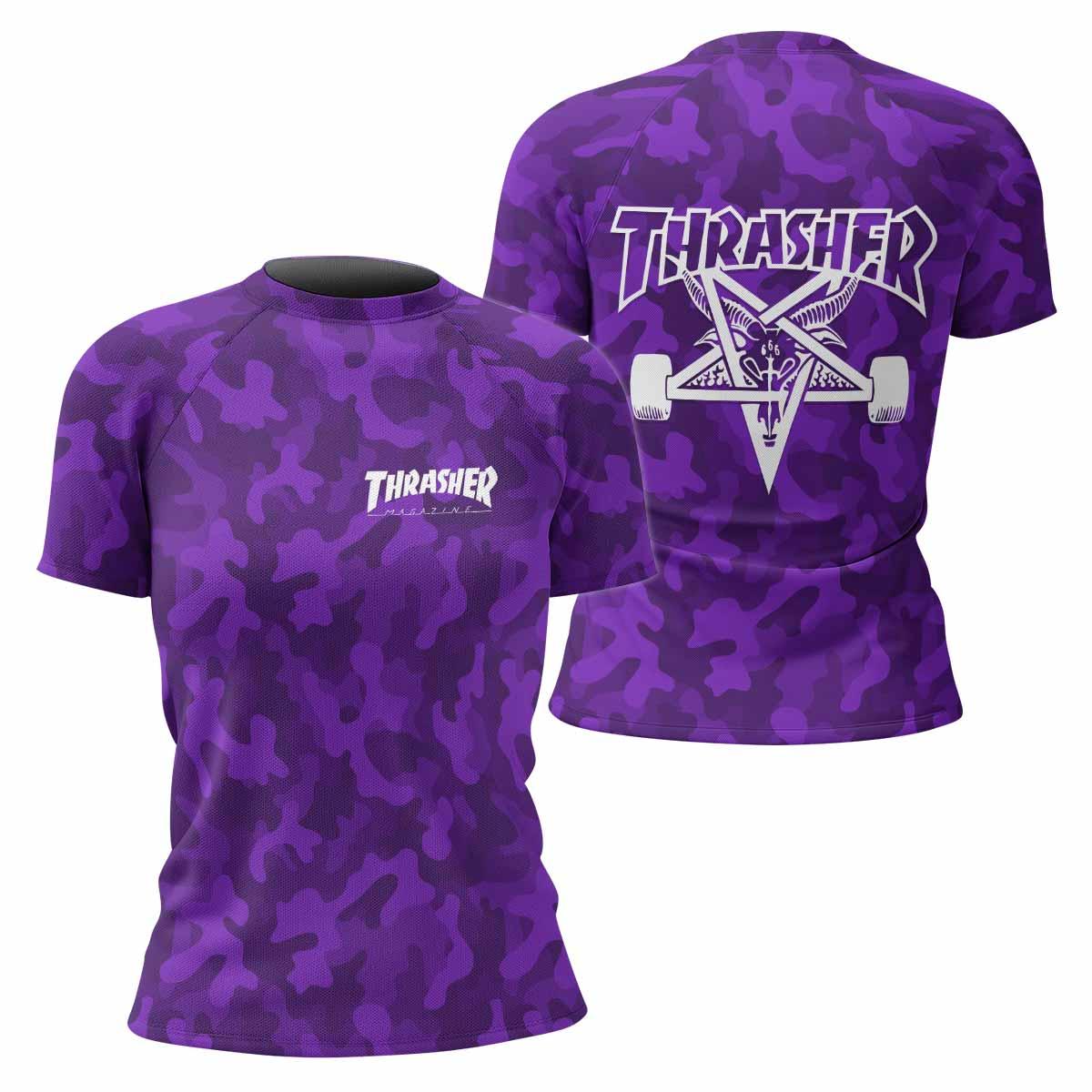 Thrasher Purple Camo Women's Rash Guard Short Sleeve - front and back view