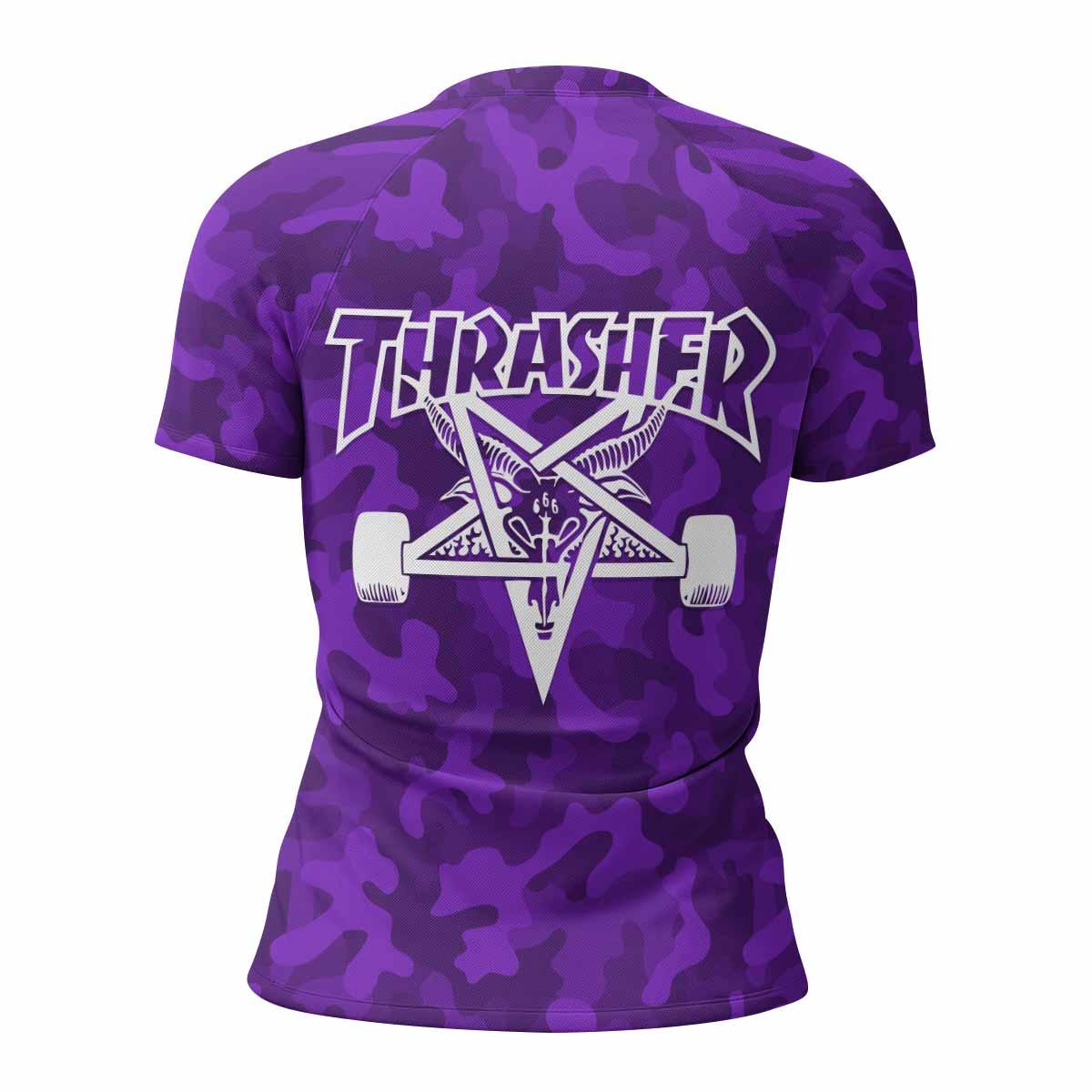 Thrasher Purple Camo Women's Rash Guard Short Sleeve - back view mockup