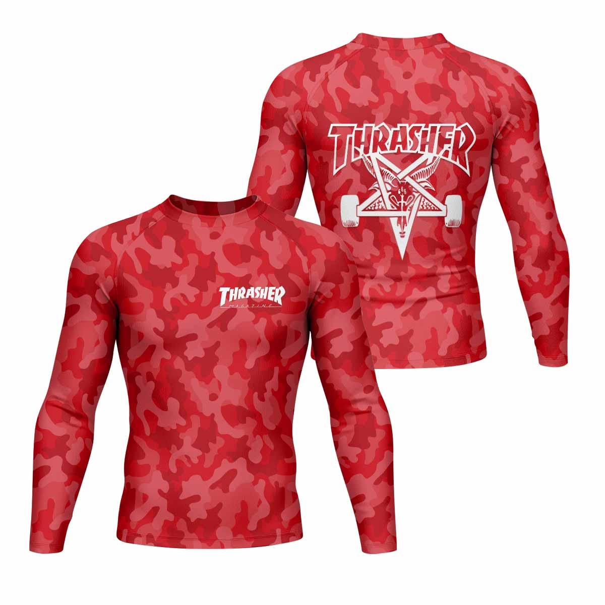 Thrasher Red Camo Men's Rash Guard Long Sleeve - front and back view