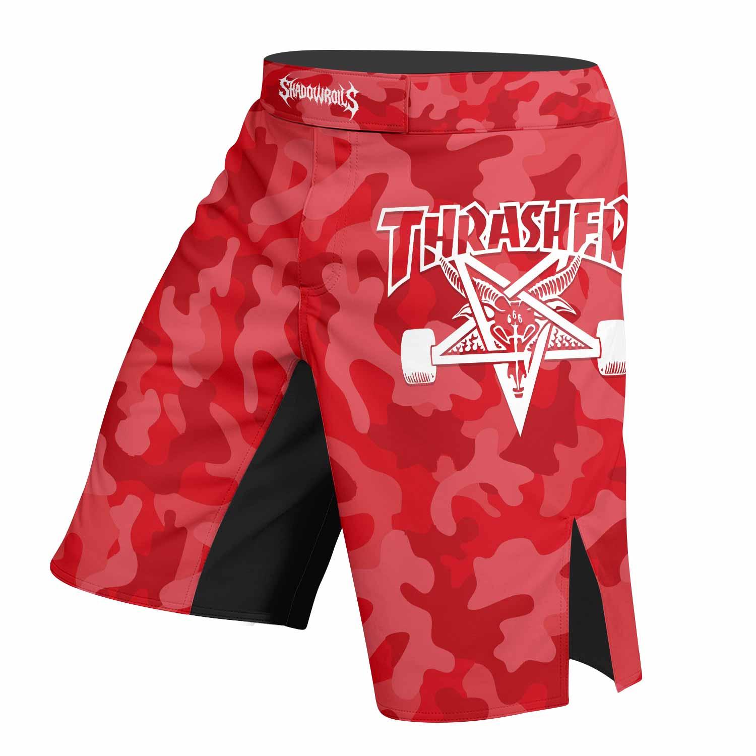 Thrasher Red Camo Fight Shorts - left side mockup