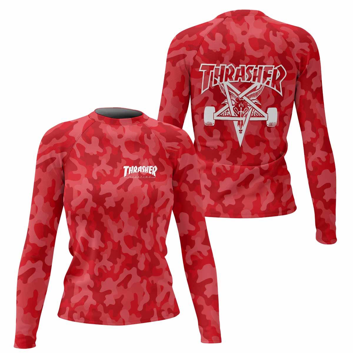 Thrasher Red Camo Women's Rash Guard Long Sleeve - front and back view