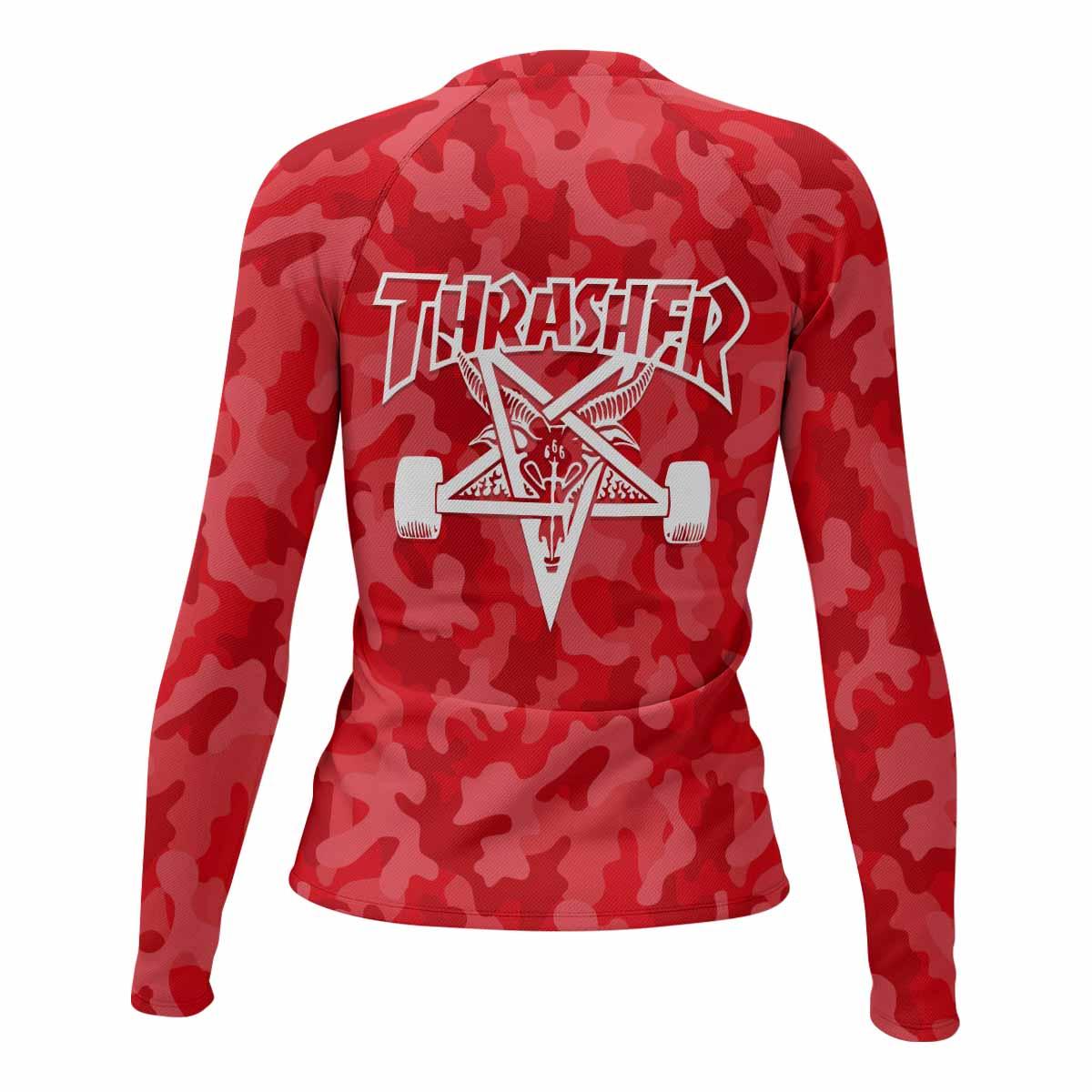 Thrasher Red Camo Women's Rash Guard Long Sleeve - back view mockup