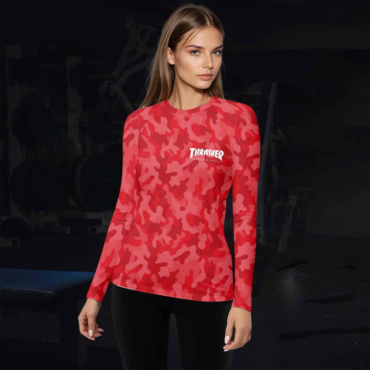 Thrasher Red Camo Women's Rash Guard Long Sleeve - lifestyle view