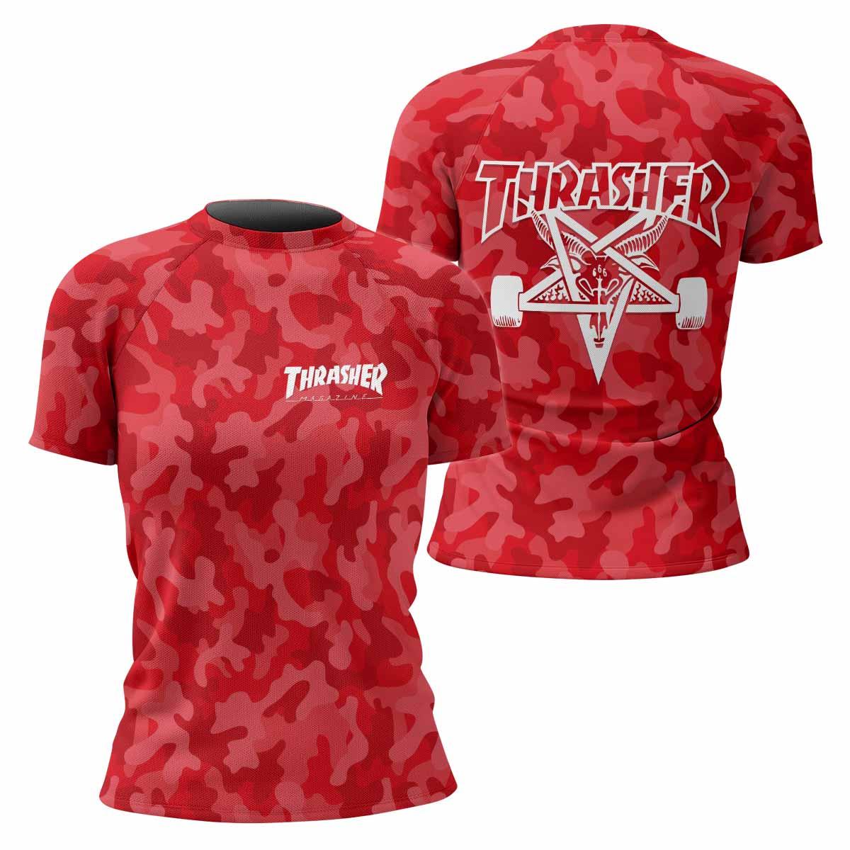 Thrasher Red Camo Women's Rash Guard Short Sleeve - front and back view