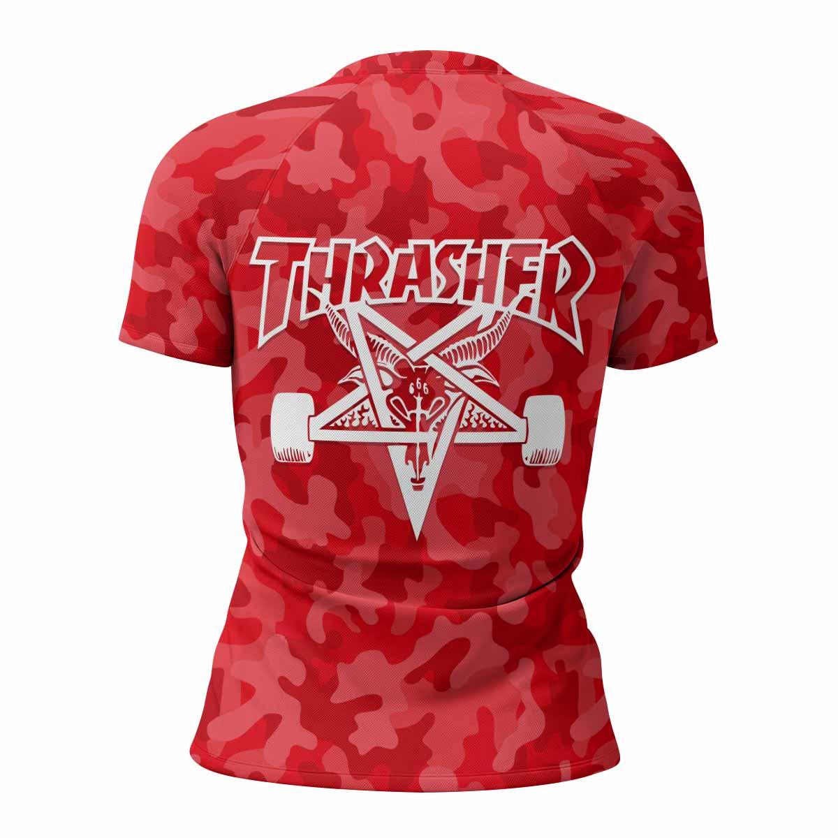 Thrasher Red Camo Women's Rash Guard Short Sleeve - back view mockup