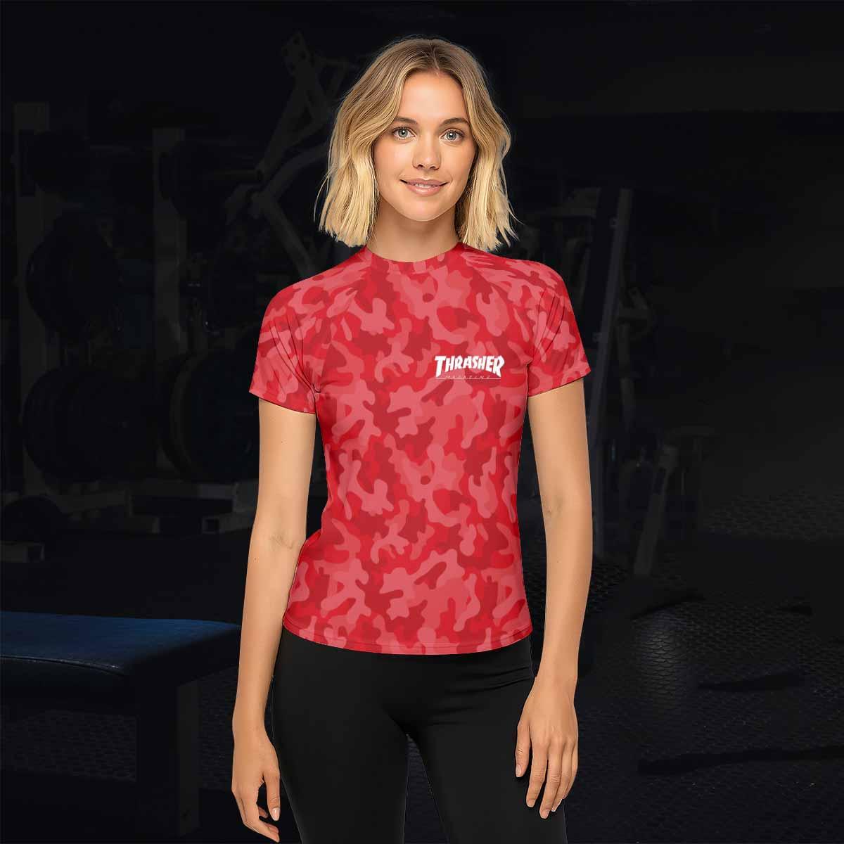 Thrasher Red Camo Women's Rash Guard Short Sleeve - lifestyle view